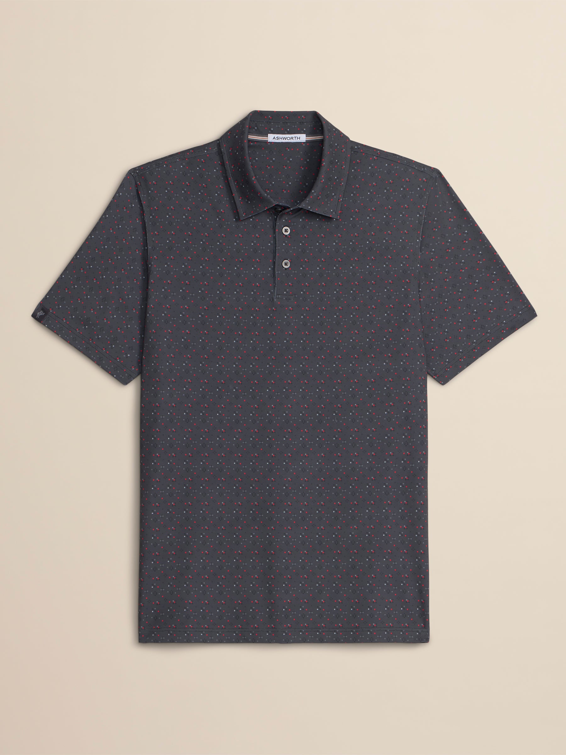 Dark gray polo shirt on a beige background