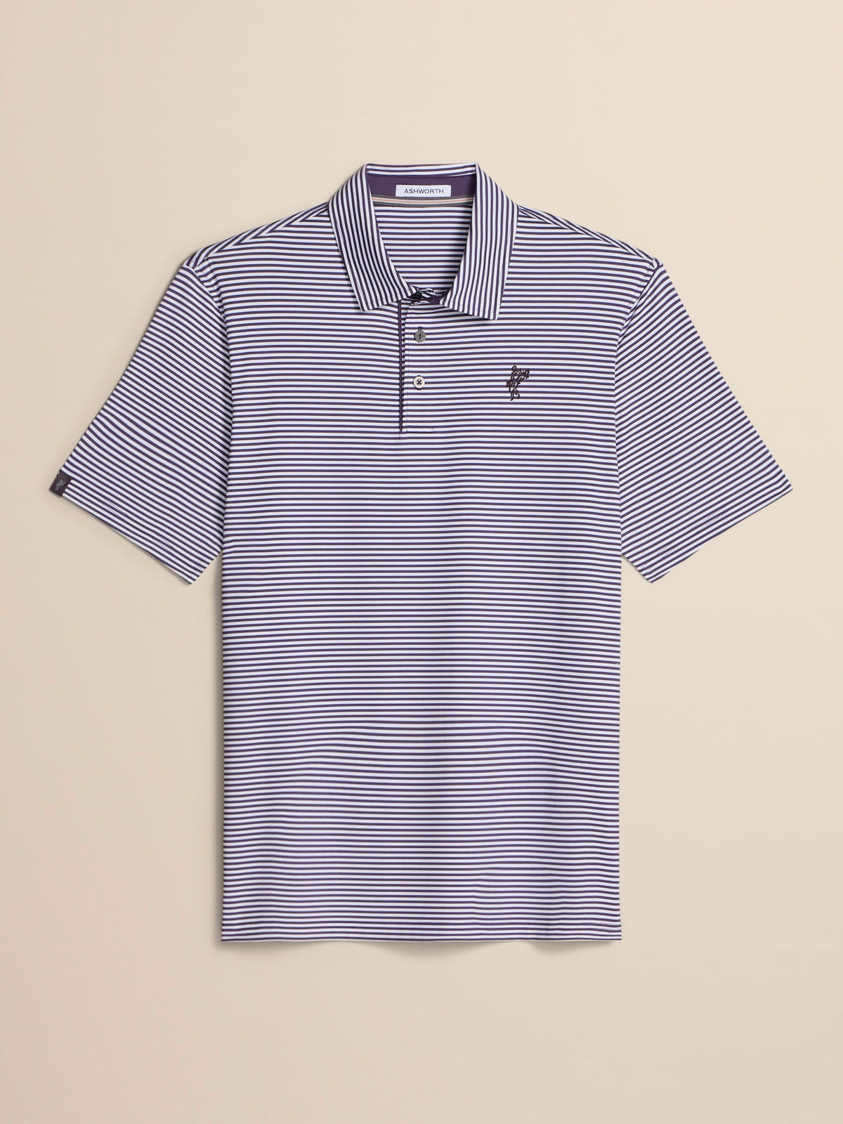 A short-sleeve polo shirt with fine horizontal navy and white stripes, featuring a small embroidered fox logo on the left chest, displayed flat against a light beige background.