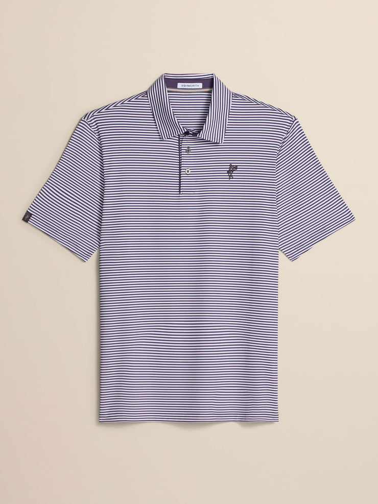 A short-sleeve polo shirt with fine horizontal navy and white stripes, featuring a small embroidered fox logo on the left chest, displayed flat against a light beige background.