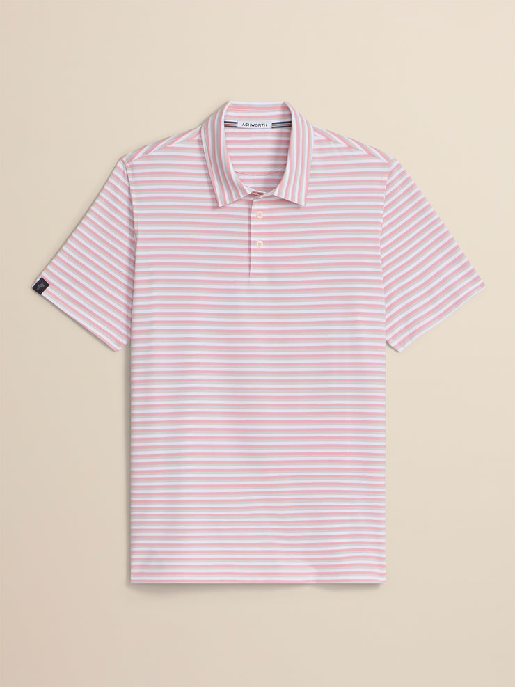 Pink and white striped polo shirt on a beige background