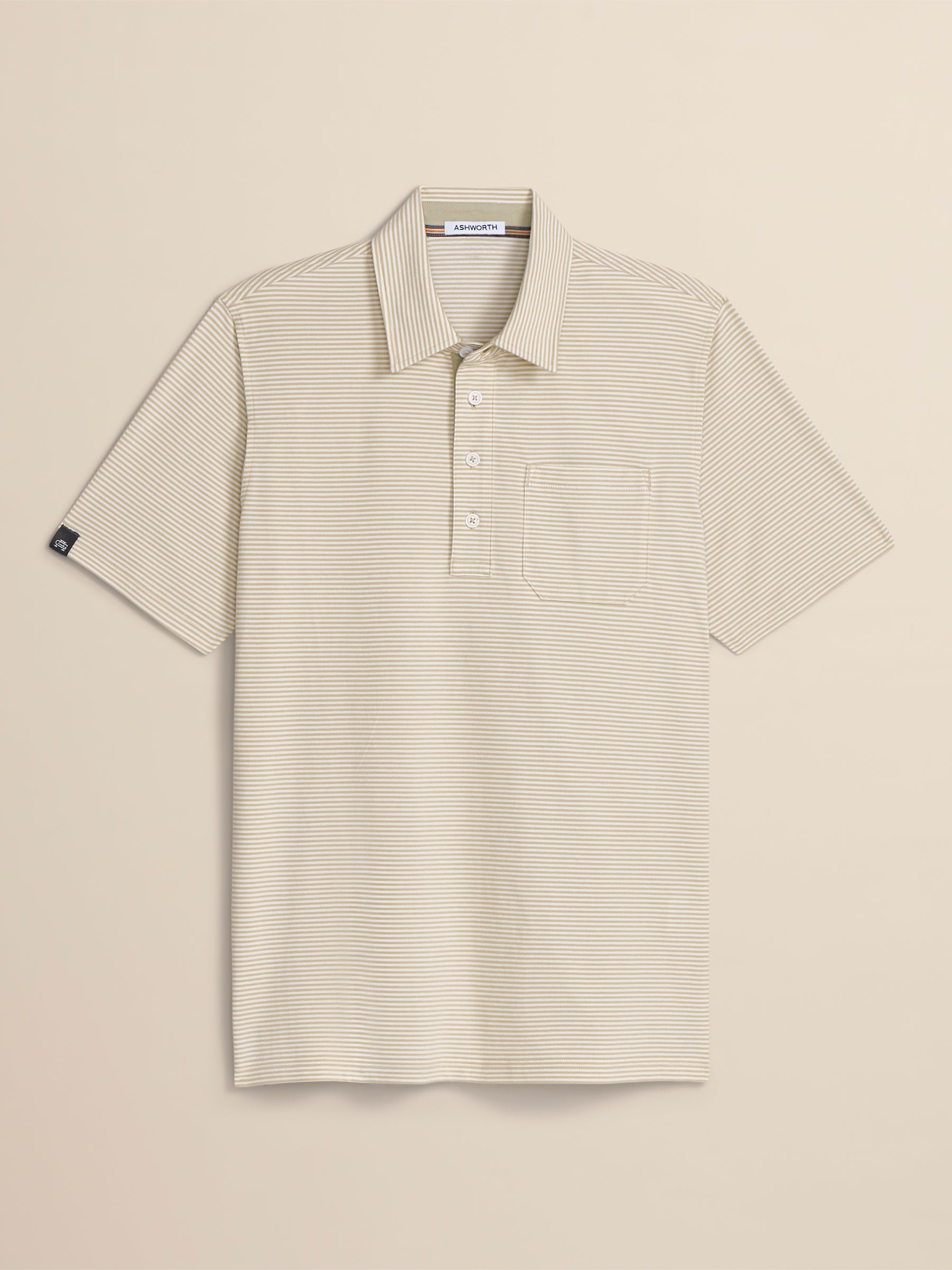 Beige striped polo shirt on a beige background