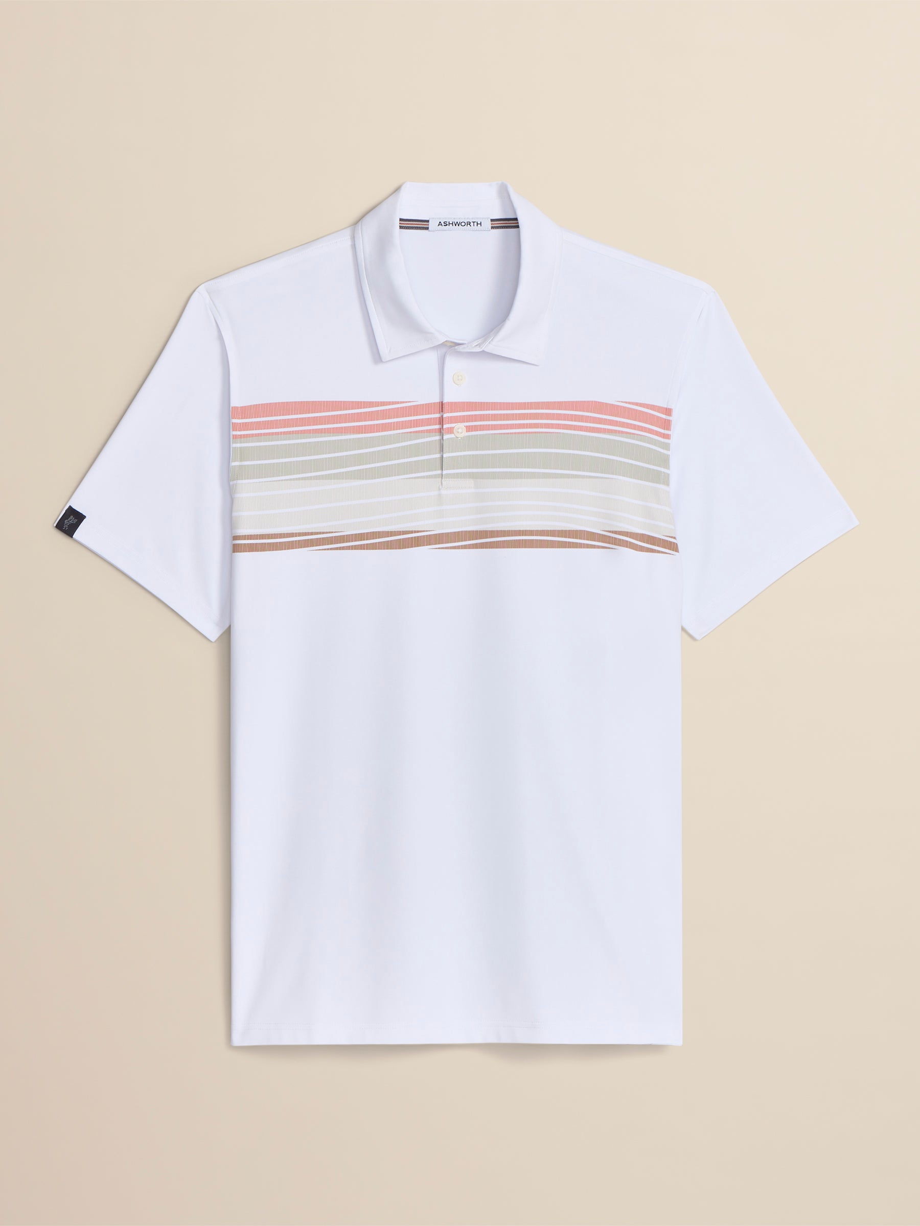 White polo shirt with colorful stripe on a beige background