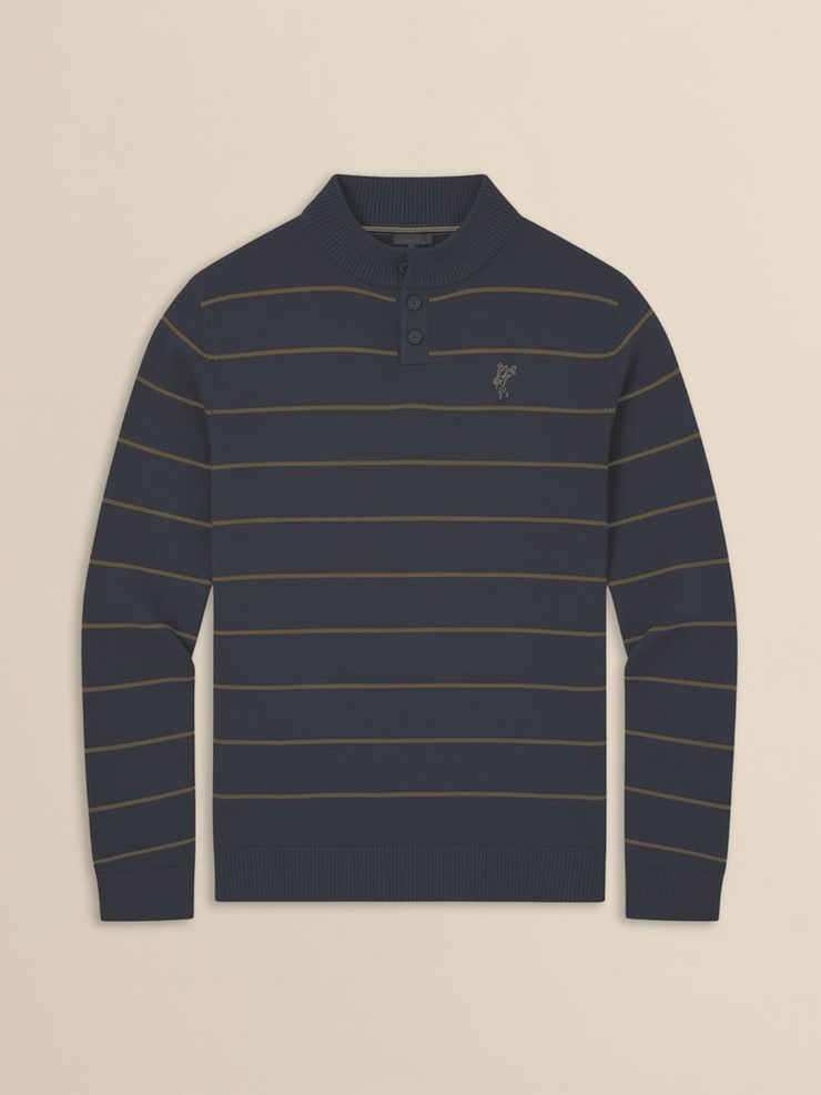 A navy blue long-sleeve polo sweater with thin horizontal olive green stripes and a small embroidered horse logo on the left chest, displayed against a solid beige background.