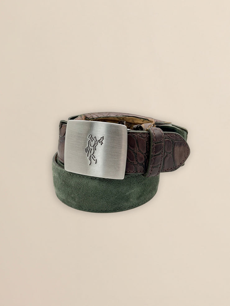 Suede Calf with Embossed Croc Tips and Golfman Plaque Buckle